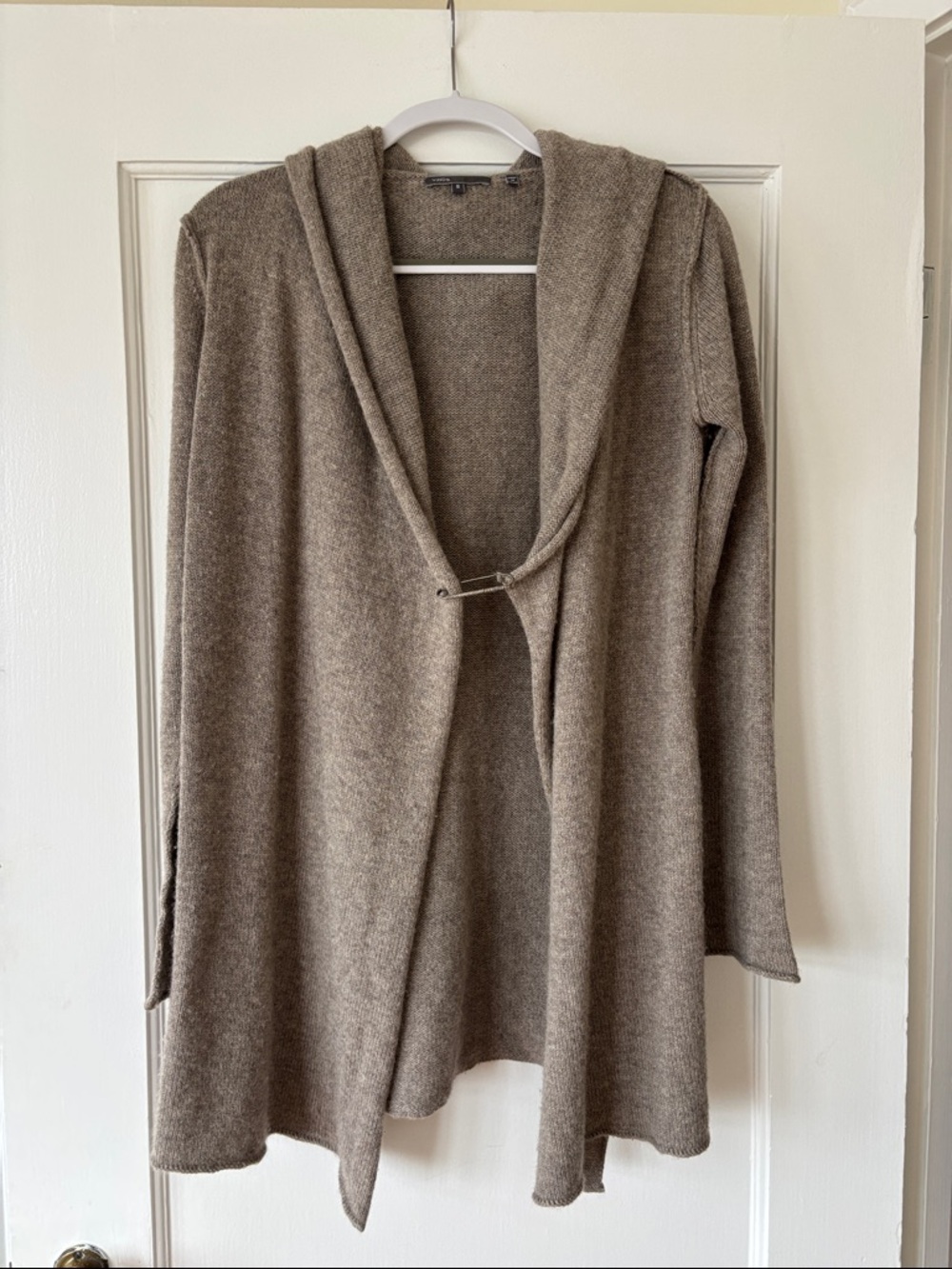 Vince Hooded Open-Front Cardigan in Taupe Brown